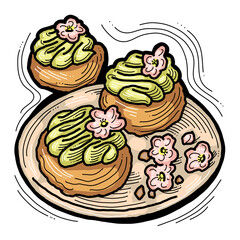 Sweet dessert cake with fruits for celebration birthday party or wedding, tasty breakfast. For cafe, restaurant menu print, postcard or poster. Hand drawn illustration. Cartoon style line art drawing.