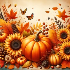 Joyful banner with warm seasonal colors, composition of pumpkins, fall leaves and sunflowers. Autumn background with pumpkins, leaves and butterflies.