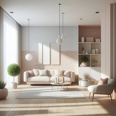 Contemporary home interior design concept beautiful living room design in natural color scheme with bright and clean cosy comfort house