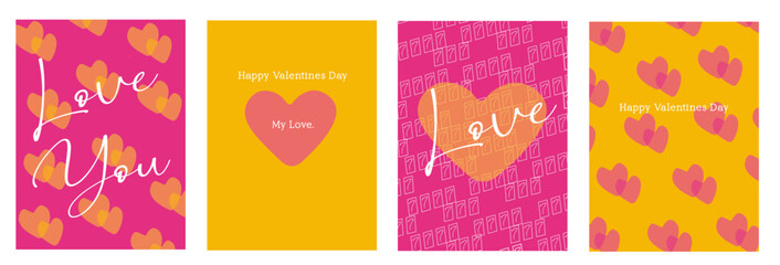 Creative cards of Happy Valentines Day cards set. Modern abstract art design with hearts and modern typography. Templates for celebration, ads, branding, banner, cover, label, poster, sales