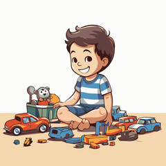 Illustration of a Little Boy Playing with His Toy Car and Truck