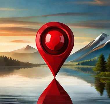Map pointer on a lake on the mountains. Travel concept illustration background.