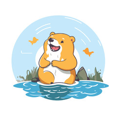 Cute cartoon beaver sitting in the water. Vector illustration.