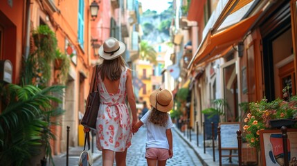 A female tourist and her child strolling through the narrow alleys of Nice, France. Family vacation theme.