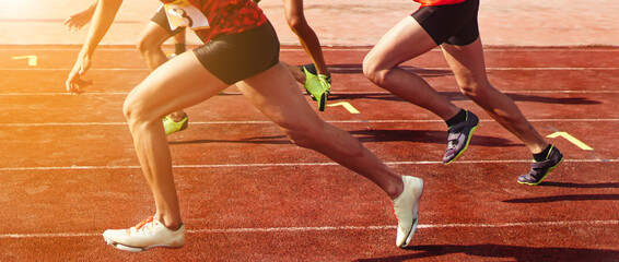 Close up of runners feet on the track field