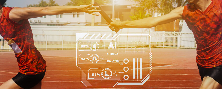 Sprint athletes use AI tools to analyze their running.Professional Athlete passing a baton to the partner against race on racetrack.selective focus.