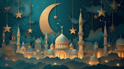 background of the mosque under the night sky with stars and crescent