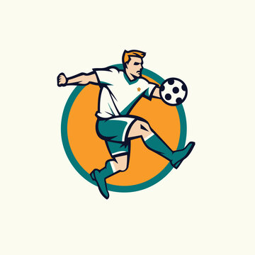 Soccer player kicking the ball. Vector illustration in retro style.