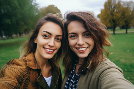 AI generated photo of beautiful happy girls walking together in the city park