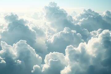 A plane is pictured flying through a sky filled with fluffy white clouds. This image can be used to...