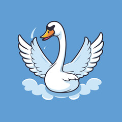 Swan with wings flying on a blue background. Vector illustration.