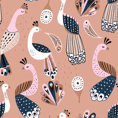 Seamless pattern with hand drawn cartoon peacock birds and feathers. Creative vector texture for fabric, textile, wallpaper.