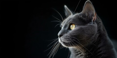 Majestic grey cat gazing into distance. perfect for pet-related content. elegant animal portrait with dark background. AI