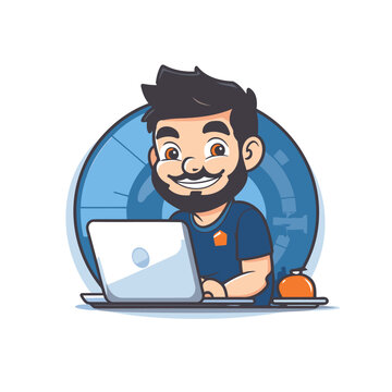 Cute cartoon man with laptop. Vector illustration on white background.