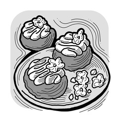 Sweet dessert cake with fruits for celebration birthday party or wedding, tasty breakfast. For cafe, restaurant menu print, postcard or poster. Hand drawn illustration. Cartoon style line art drawing.