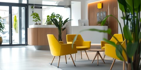 Modern office lounge with bright yellow chairs and stylish interior. contemporary design in a corporate environment. perfect for startups and creative agencies. AI - obrazy, fototapety, plakaty