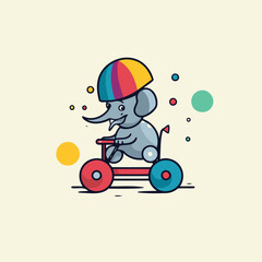 Cute elephant riding on a tricycle. Vector illustration in flat style.
