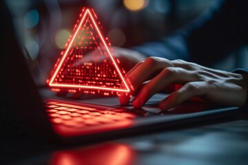 Entrepreneur's fingers typing on computer with triangular malicious alert symbol. Malware fraud fishing online fraud idea. Password breach.