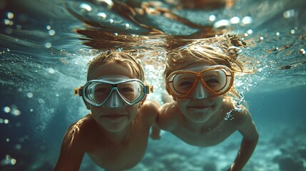 Naklejka premium Kids submerging with a snorkel.