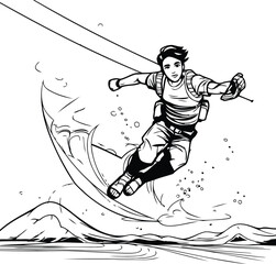 Kitesurfing - Black and White Cartoon Illustration of a Kitesurfer Riding a Wave