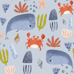 Childish marine watercolor texture with sea animals, whale, crabs. Undersea seamless design for textile, wallpaper, apparel. - 726522665