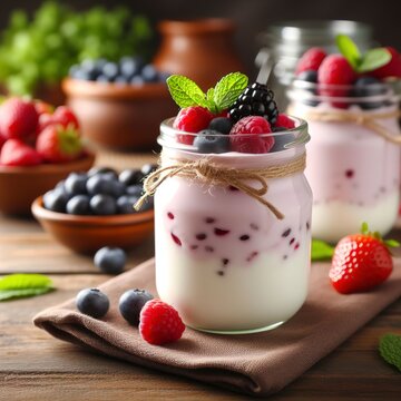 Healthy yougurt with berry in a glass jars on wooden background