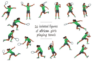 Fototapeta na wymiar 16 girl figures of Nigerian women's tennis players in green sports equipment serving, receiving, hitting the ball, standing, jumping and running