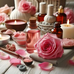 Fototapeta na wymiar rose spa treatments on white wooden table