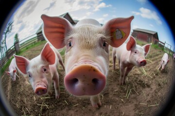 fisheye capture of piglets following a sow, farmyard in the backdrop
