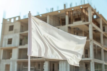 empty flag mockup waving in front of a halffinished building
