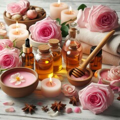 Obraz na płótnie Canvas rose spa treatments on white wooden table