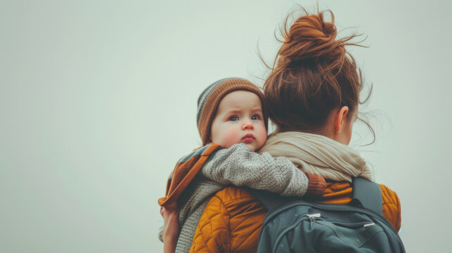 Motherhood In Motion: Woman From Behind Embracing Baby. A Woman In A Yellow Jacket, Carrying Her Baby In Her Arms. The Baby Faces The Camera, Gazing Towards The Horizon Against A White Background