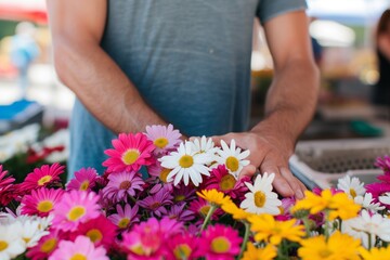 Obraz na płótnie Canvas male with vibrant daisies at a farmers market stall