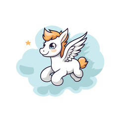 Cute cartoon horse with wings on a cloud. Vector illustration.