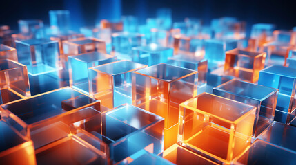 Obraz premium Abstract geometric background of square shapes, translucent glass with a neon gradient. Generative AI