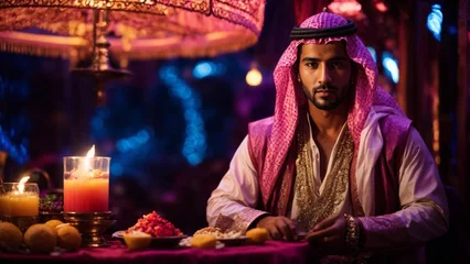 Foto op Canvas Close-up high-resolution image of a Middle Eastern prince wearing traditional clothes. Ambient lights. © Rizal Faizurohman