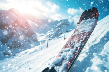 Skis resting on a snowy slope, perfect for winter sports and outdoor activities
