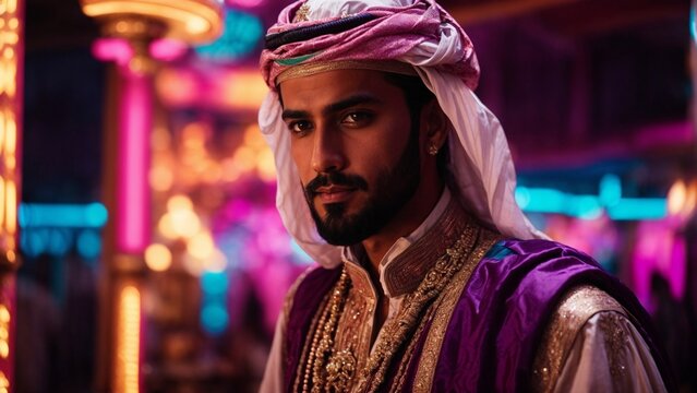 Close-up high-resolution image of an Arabian prince wearing traditional clothes. Ambient lights.