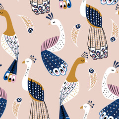 Materiał do szycia Seamless pattern with hand drawn cartoon peacock birds. Creative vector texture for fabric, textile, wallpaper.