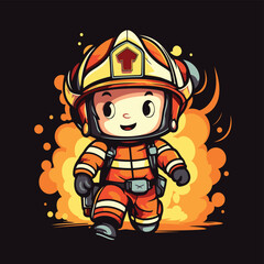 Cartoon fireman with helmet on fire background. Vector illustration.