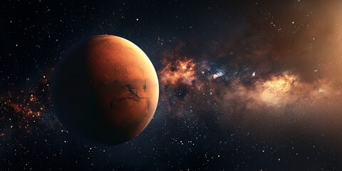 3D depiction of an exoplanet resembling Mars, representing the field of astronomy and science, set against a dark backdrop.