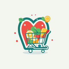 Shopping cart with healthy food. Vector illustration in flat style.