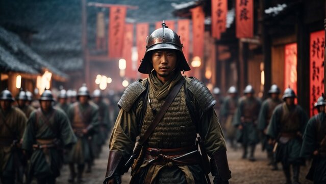 Close-up high-resolution image of a medieval Japanese foot soldier marching to a battlefield. Ambient lights.
