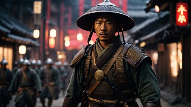 Close-up high-resolution image of a medieval Asian foot soldier marching to a battlefield. Ambient lights.