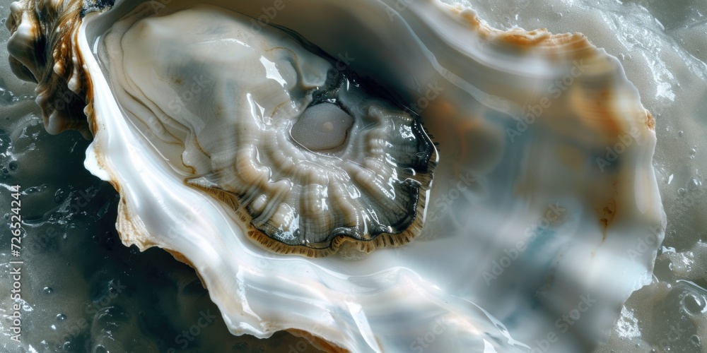 Poster a close-up view of an oyster submerged in water. this image can be used to depict marine life or sea