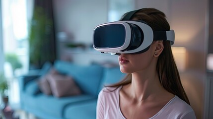 Young woman using virtual reality headset in the living room at home