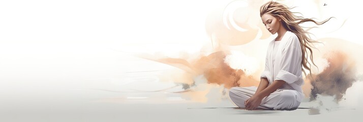 flat illustration, woman serene meditation in a minimalist setting, person in white practicing mindfulness.