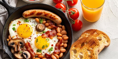Traditional British breakfast with sunnyside up eggs, sausages, bacon, mushrooms, and beans in a skillet served with toast and orange juice on a white stone surface. Overhead shot.