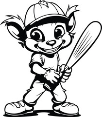 Baseball Player with Bat - Black and White Cartoon Illustration. Vector