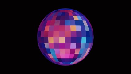 3D disco ball loop animation on a black background, featuring dazzling colors for a captivating visual effect.
